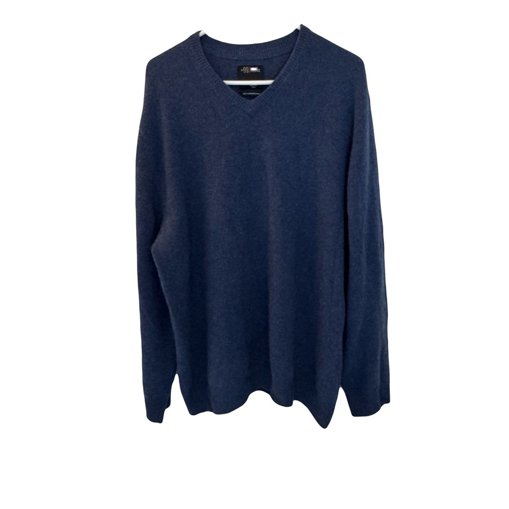 Men's V Neck Cashmere Sweater‎ Blue Ribbed Trim Size 2XL
